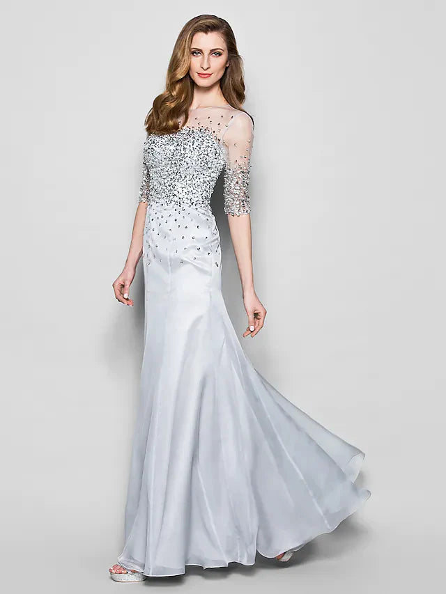 Wholesale A-Line Mother of the Bride Dress Jewel Neck Floor Length Organza Half Sleeve with Beading Sequin